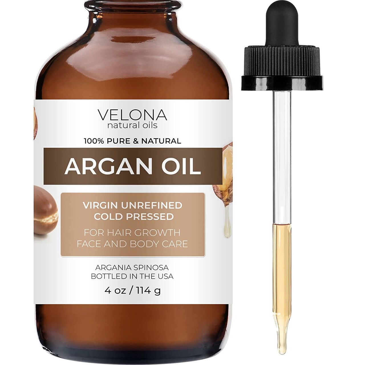 velona Argan Oil - 4 oz (With Dropper) | Morocco Oil For Hair Growth, Skin, Body and Face Care | Unrefined, Cold Pressed | 100% Natural and Moisturizing Carrier Oil | Cap Kit…
